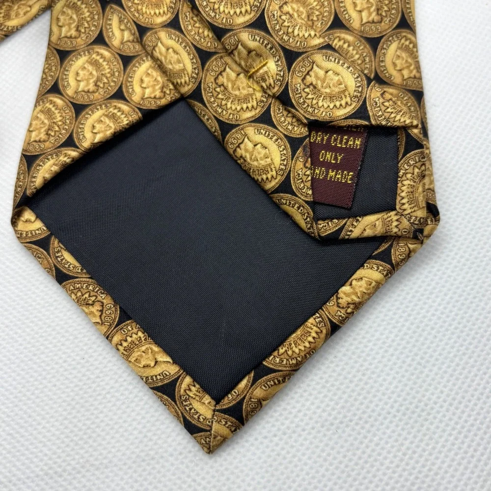 Museum Artifacts Necktie Mens Gold Black Indian Head Penny Coin Handmade Silk